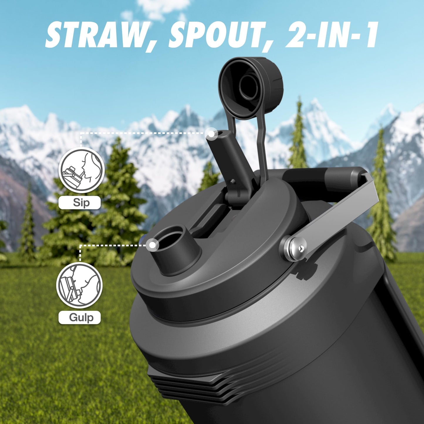 1 Gallon Insulated Water Bottle for Travel: 2-in-1 Straw Spout Lid, Dual Handle, Leakproof, Keep Cold 48H, 128oz Stainless Steel Water Jug for Gym, Biking, Road Trip, Work, Home, Picnic (Midnight)