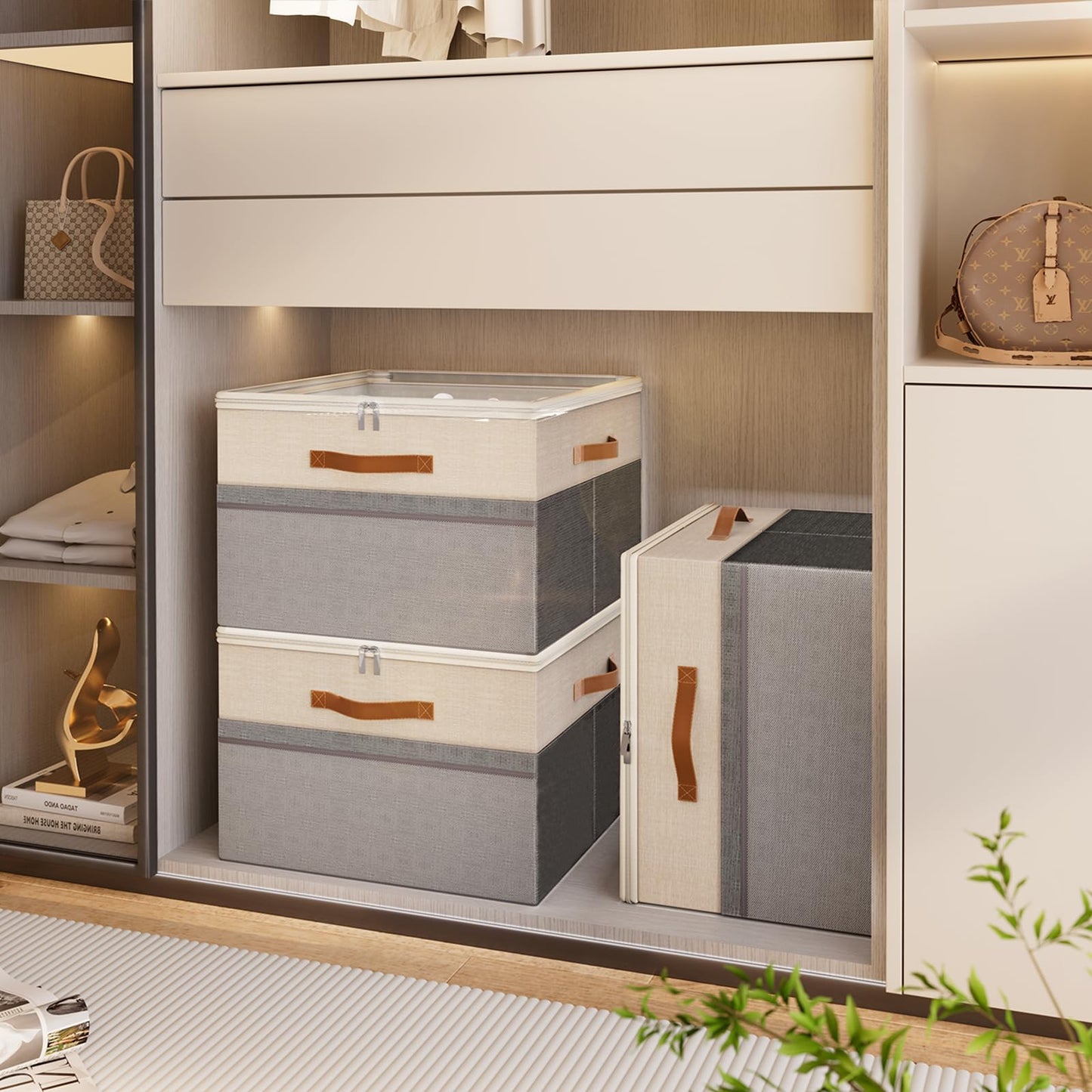 Shoe Organizer for Closet, 2 Pack Foldable Shoe Storage Organizer Box Bin with Adjustable Dividers and Clear Cover, Fits up to 16-32 Pairs(Grey&Beige)