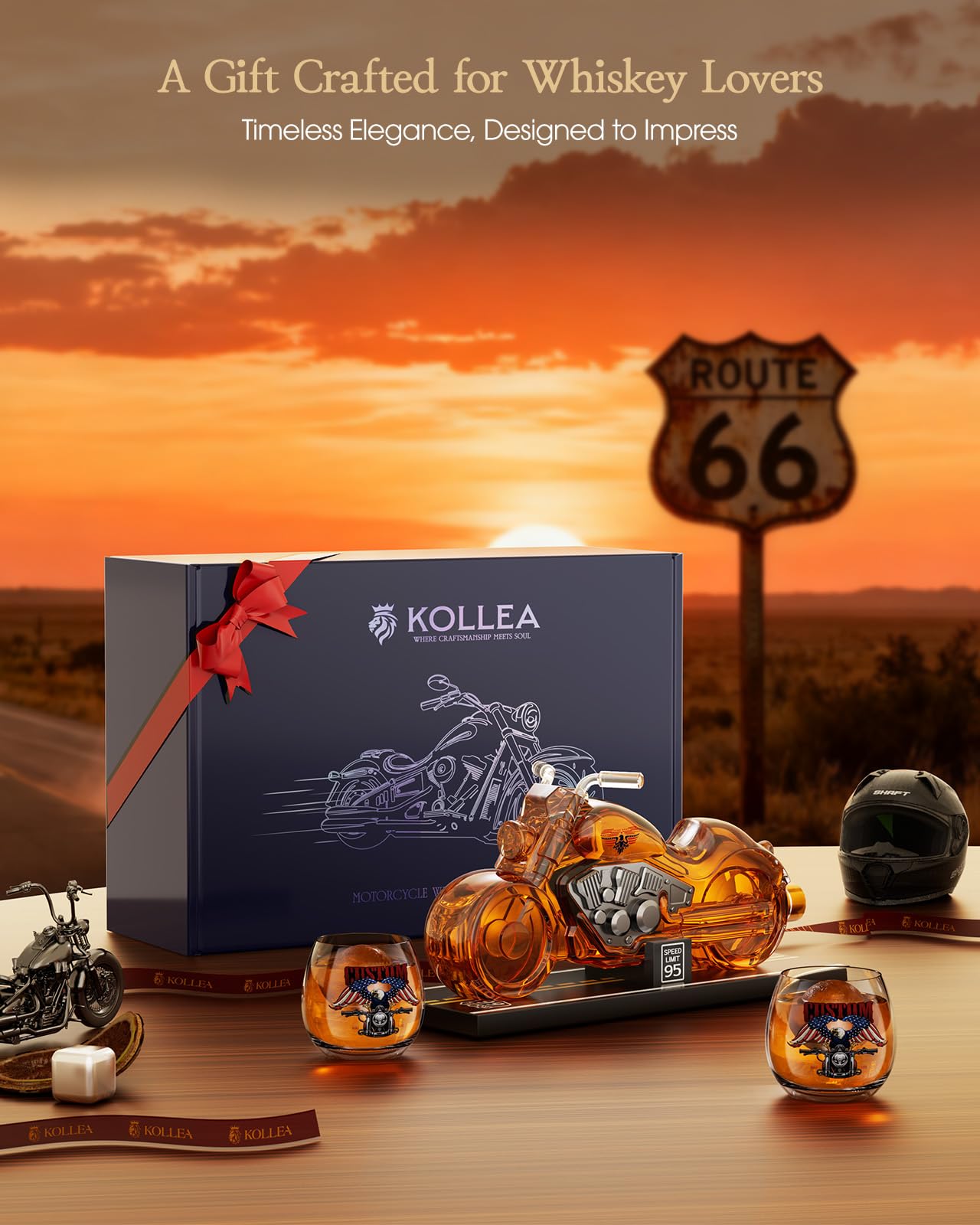 Kollea Birthday Gifts for Men Dad, Motorcycle Whiskey Decanter Set with 2 Glasses, Liquor Dispenser for Home Bar, Unique Gift for Him, Father, Boyfriend, Anniversary, Biker & Motor Lover (Flag)