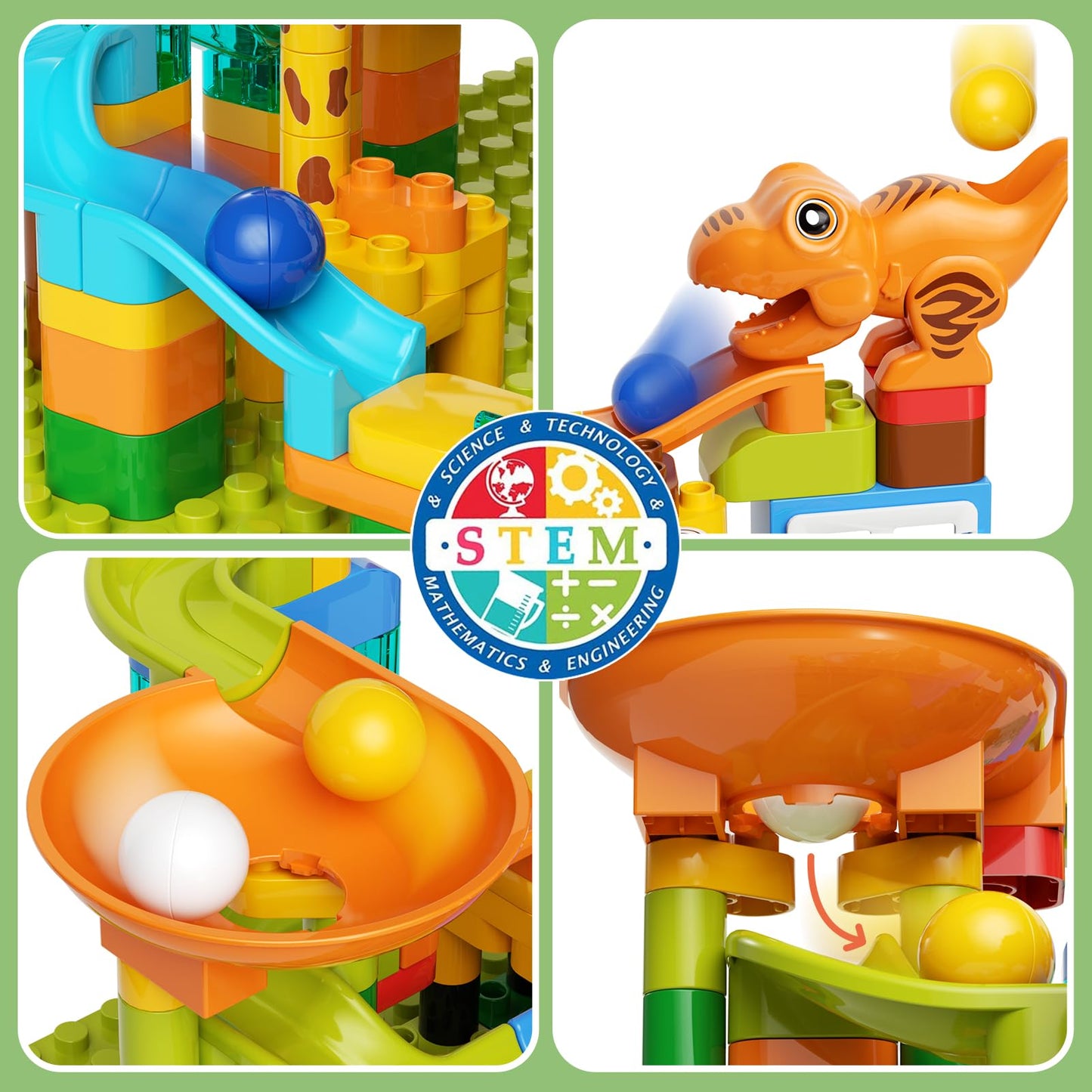 Marble Run for Kids Ages 4-8 145 PCS Dinosaur Giraffe Building Blocks with 10 Marbles Slide Dino Smooth Edges Design Works with Large Brick Toys STEM Track Toys Creative Gift for Boys Girls
