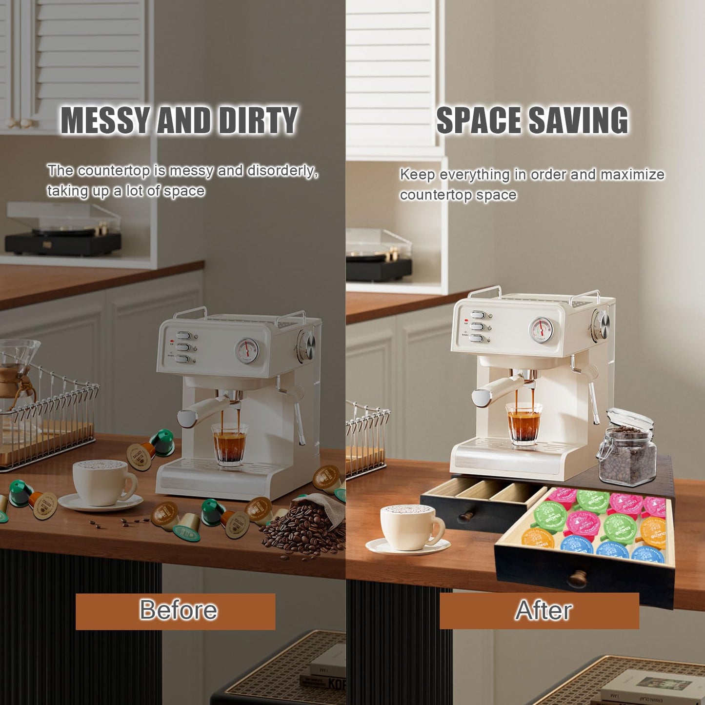 Lveesto Coffee Pod Holder Storage, Wooden K Cup Organizer for Countertop, K Cup Drawer and Tea Organizer for Counter, Coffee Station Organizer with Silicone Non-Slip Pad (30 Pod Capacity)