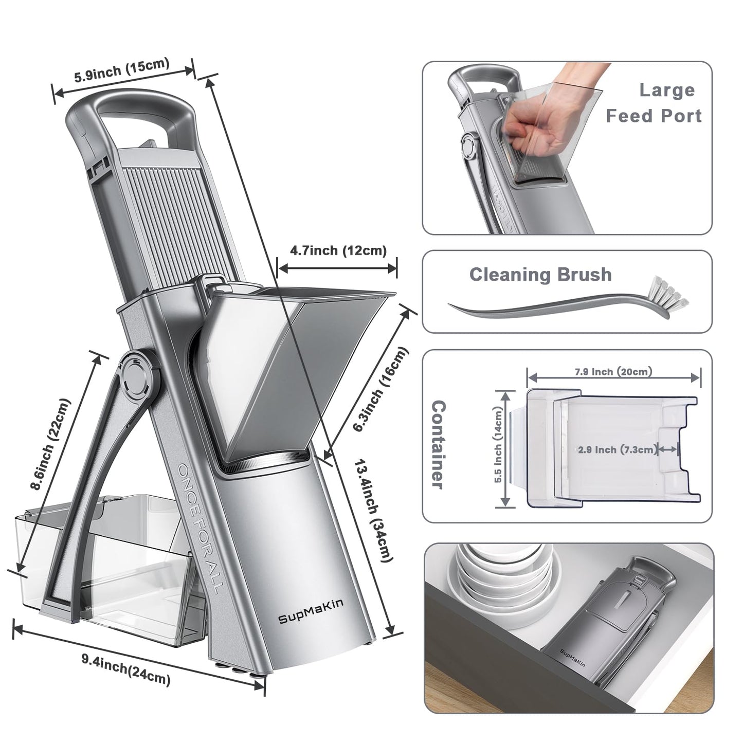 SupMaKin Upgrade Safe Mandoline Slicer for Kitchen,Adjustable Potato Slicer Vegetable Onion Chopper, French Fry Cutter, Include Vegetable Peeler(Gray)