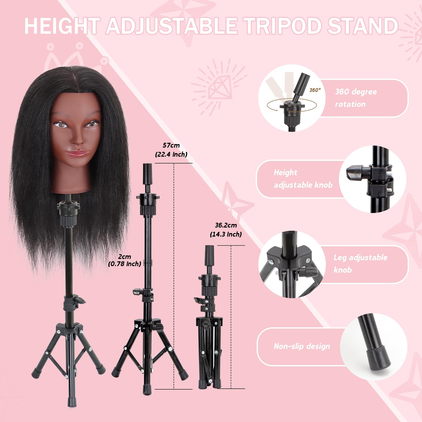 Mannequin Head with Human Hair 16'' Cosmetology Manikin Doll Head with 100% Real Human Hair for Braiding Hairdresser Practice Styling with Tripod Set