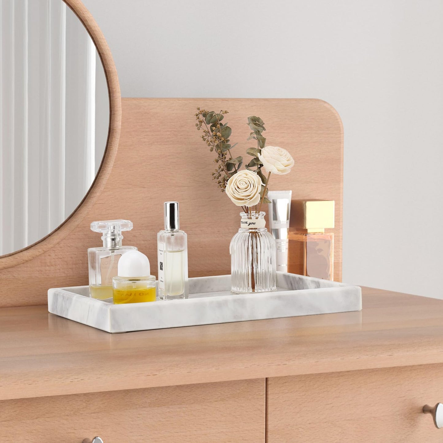 Zilukar Real Natural Marble Tray for Bathroom, Vanity, Kitchen and Desktop, Rectangle Genuine Marble Stone Tray for Jewelry, Cosmetics, Candles, Lotion, Perfume and Home Decor