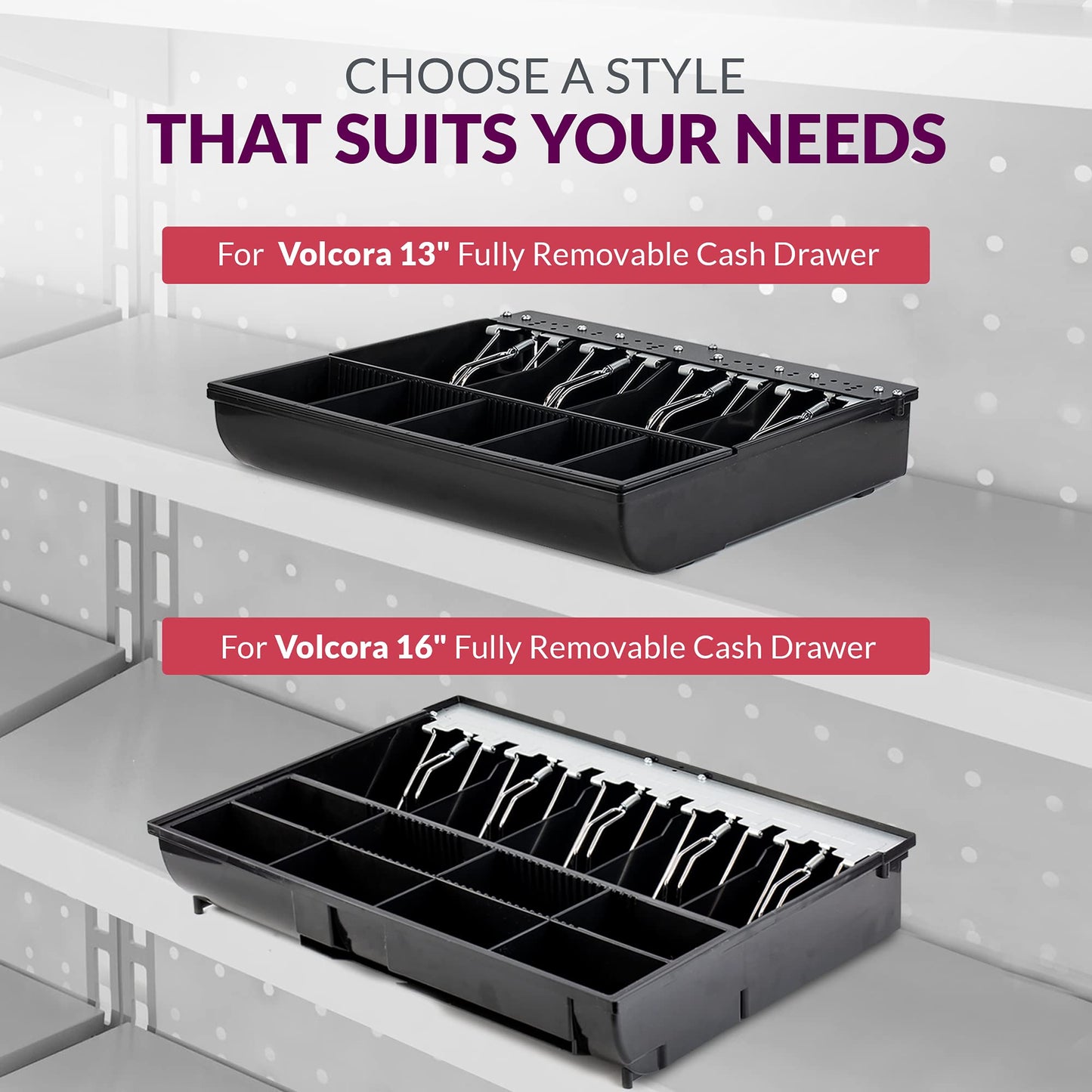Volcora Cash Drawer Tray - 14.1 x 13 x 2.5 Inch Cash Register Insert - 5 Bill / 8 Coin Replacement Cash Tray - Stainless Steel Currency Compartment - 16" Cash Registers with Fully Removable Tray