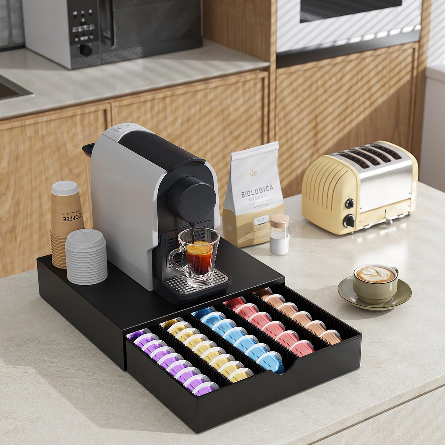 OUTIOE Coffee Pods Drawer Organizer Compatible with Nespresso Vertuo Pods Holds Up to 60 Small or 40 Large (Black)
