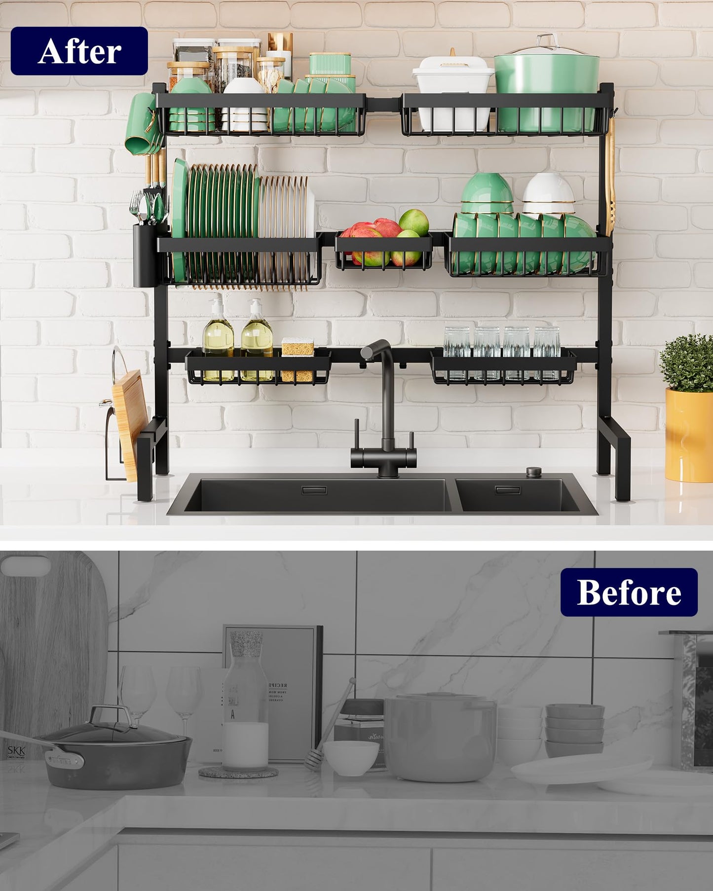 Kitsure Over The Sink Dish Drying Rack - 31.5" to 39.4" x 30.3", Adjustable Sink Drying Rack for Kitchen Sink with Multifunctional Baskets, Black