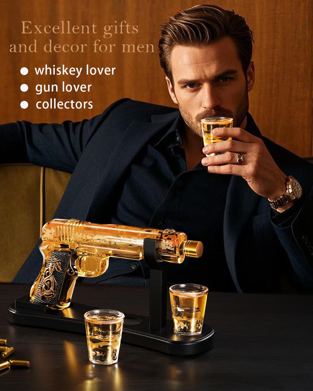 Handcrafted Gun Whiskey Decanter Set -Luxury Lead-Free Glass, Unique Non-Alcoholic Gift for Men, Husbands &Bourbon Lovers, Man Cave & Home Bar Decor with 2 Glasses by VYLPM