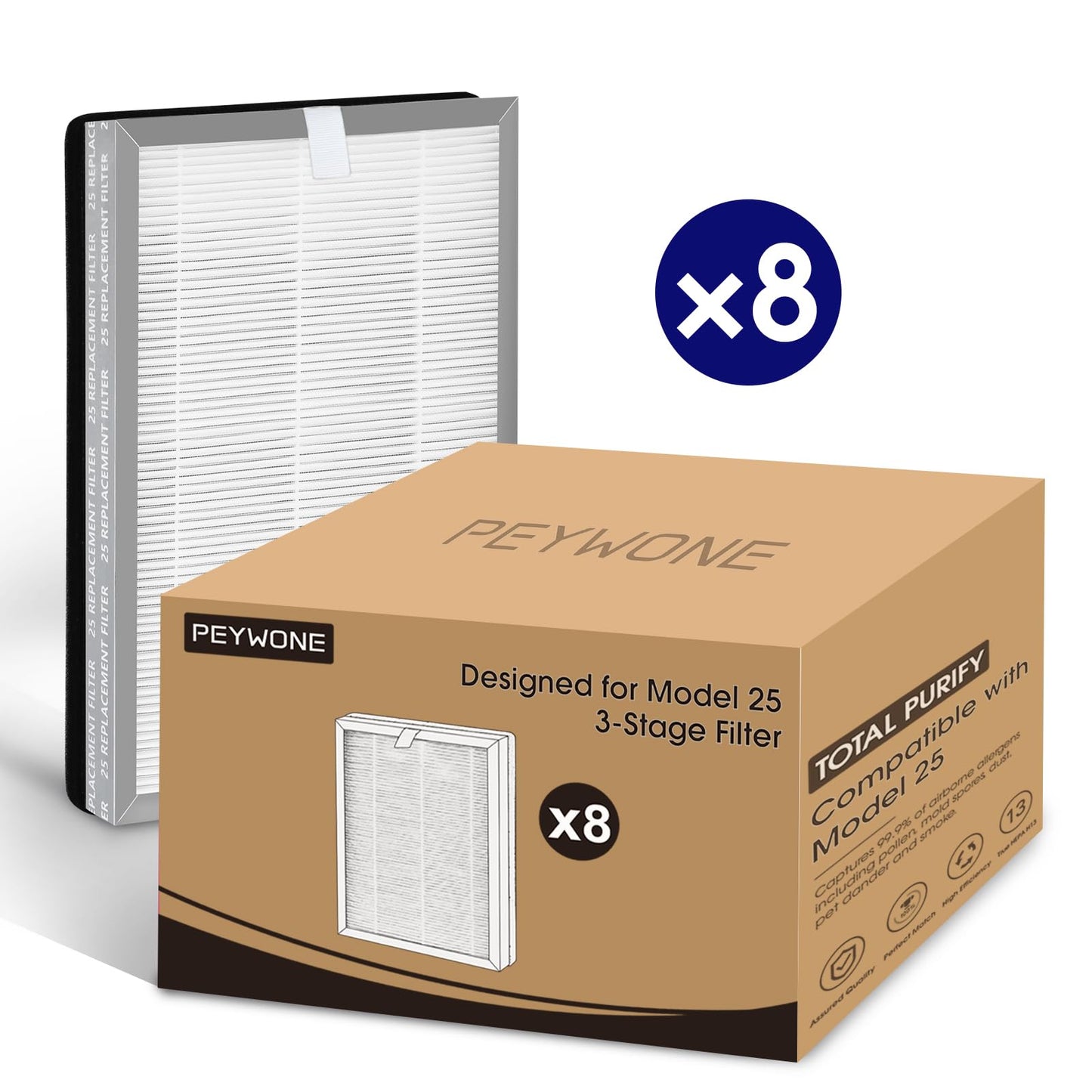 8-Pack 25 Replacement Filter for MA Air Purifier 25 Series (S1/W1/B1), 3-in-1 High-Efficiency H-13 Grade, Pre-Filter and Activated Carbon