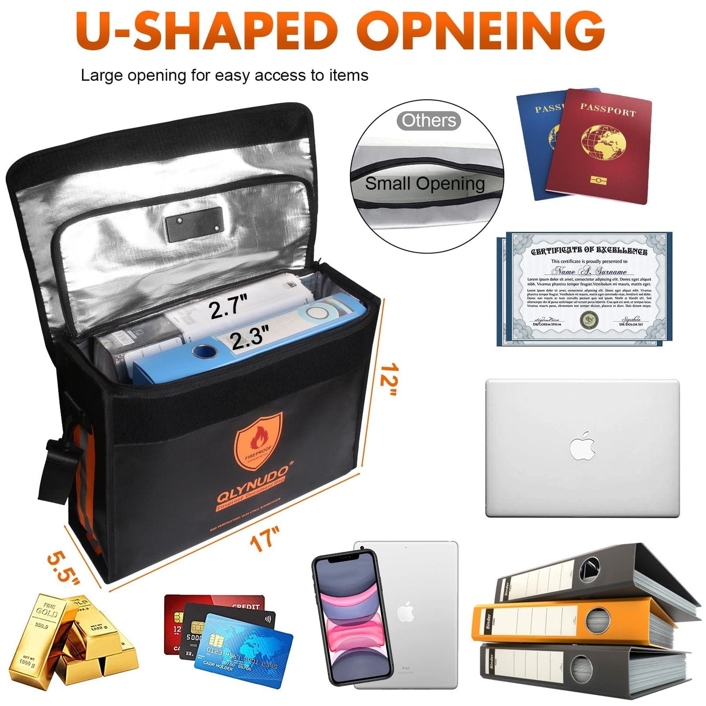 Fireproof Document Bag with TSA Lock - 17x12x5.5" Extra Large Fireproof Box for Documents, Reinforced Bottom File Organizer for 3-Ring Binders & Laptop, Waterproof Emergency Grab-and-Go Safe Bag