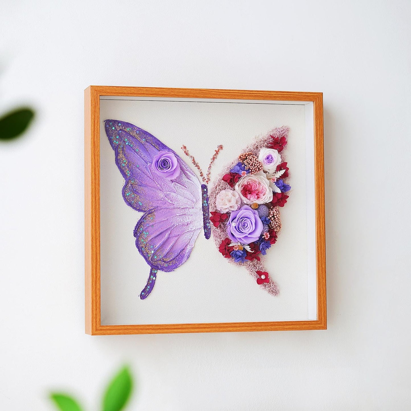 ADDWel Preserved Real Rose Butterfly Shadow Box - 12x12 3D Handmade Eternal Flower Wall Art, Unique Birthday Anniversary Purple Gifts for Women, Mom, Wife, Grandma