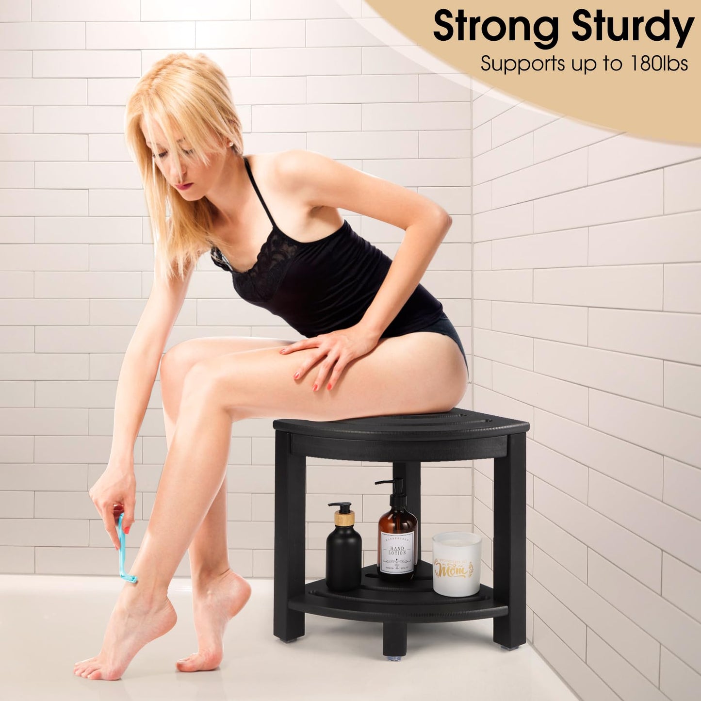 Apolimi HDPE Corner Shower Stool,Shower Bench Seat with Storage Shelf for Shaving Legs Plastic Spa Bath Step Foot Rest for Bathroom Small Place (Black)