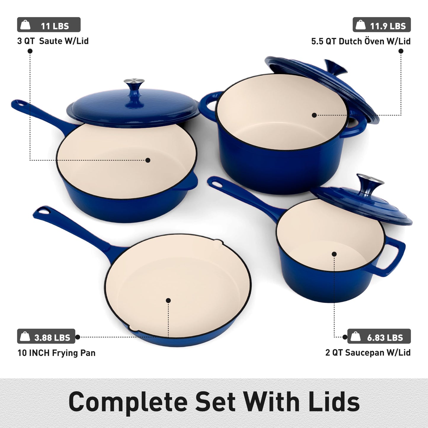 MAISON ARTS Enamel Cast Iron 7 Piece Cookware Set, Dutch Oven Pot with Lid, Blue Non Stick Pots and Pans set, Oven Safe up to 500°F