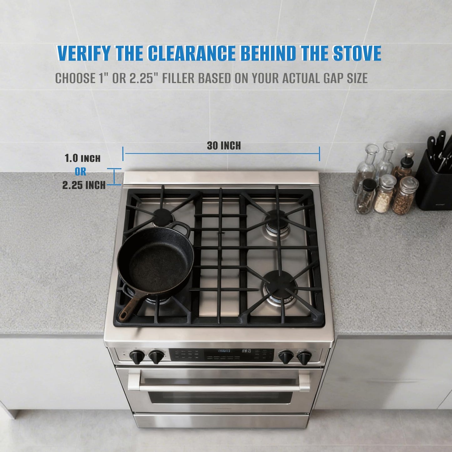 30" Slide-In Range Rear Filler Kit, Stainless Steel Stove Gap Filler Behind Range, Adjustable 1" or 2.25" Backguard Trim Kit, Easy Install Backsplash Gap Cover Compatible with 30" Ranges,Silver