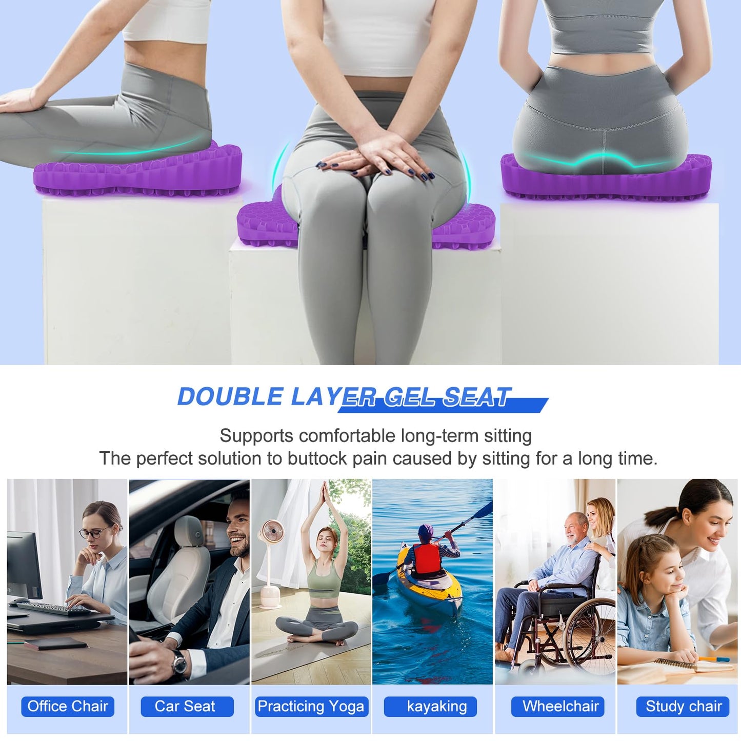 Airllantry Thicken 19.7in Seat Cushion, Gel Seat Cushion for Long Sitting–Office Chair, Wheelchair, Car Pad, Large Cooling Support Pad for Back Pain, Sciatica, Tailbone Pain Relief