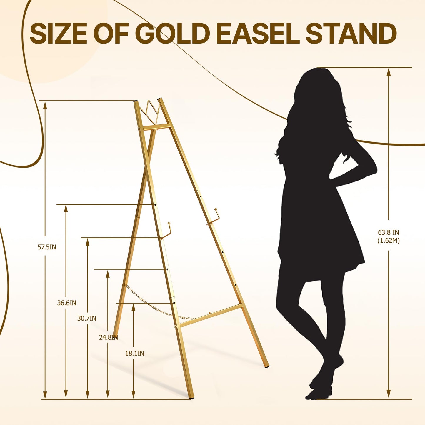 57.5" Gold Easel Stand for Sign, Wedding Sign Stand for Display, Assembly Required, 4 Adjustable Height Levels Heavy Duty Metal Display Stand Floor Standing Easels for Art, Paintings, Pictures