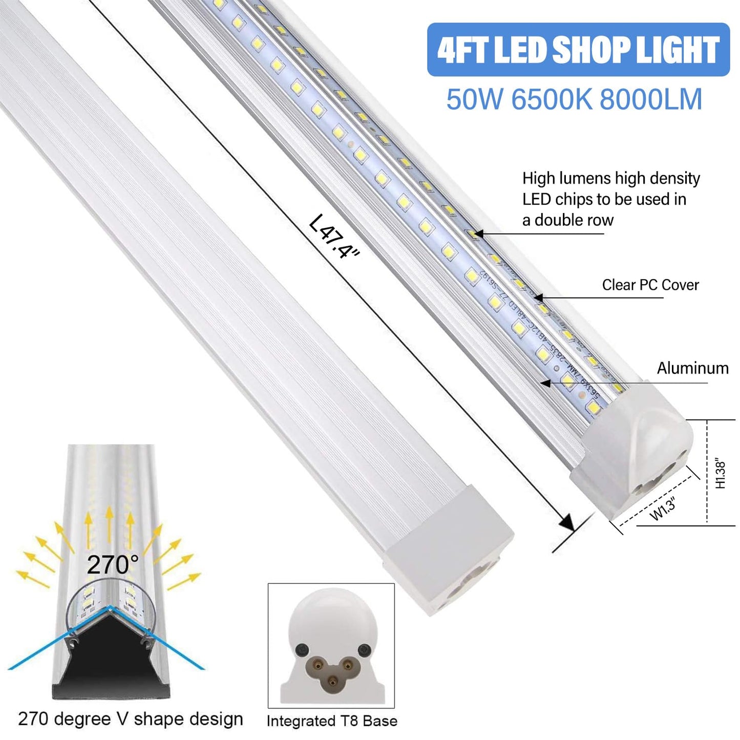 10Pack 4FT LED Shop Light - 50W 8000LM 6500K Linkable Clear Cover T8 LED Tube Light for Workshop, Warehouse, Basement - Plug and Play