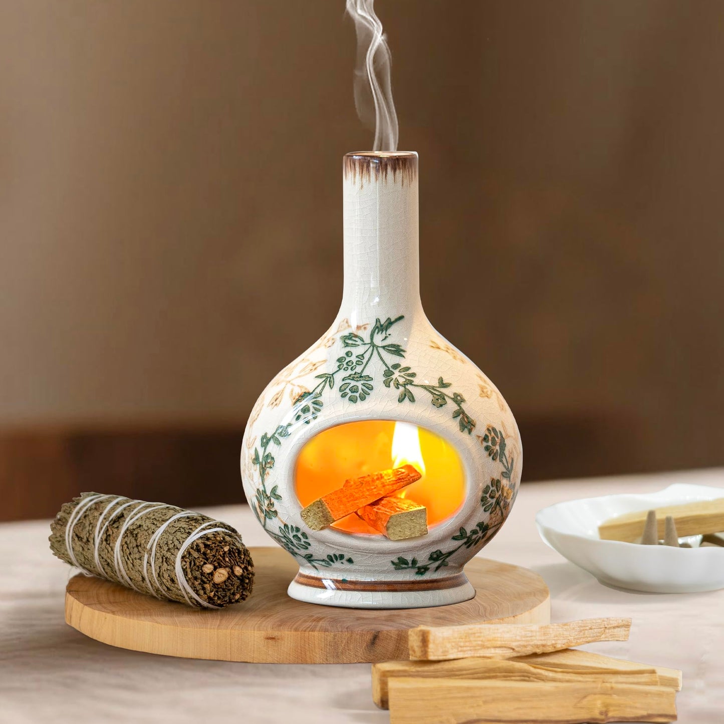 Handmade Ceramic Incense Holder,Stick & Backflow - Sage Holder for Burning ,Meditation Accessories,Easily Grab All Incense Ash (Green and Beige)