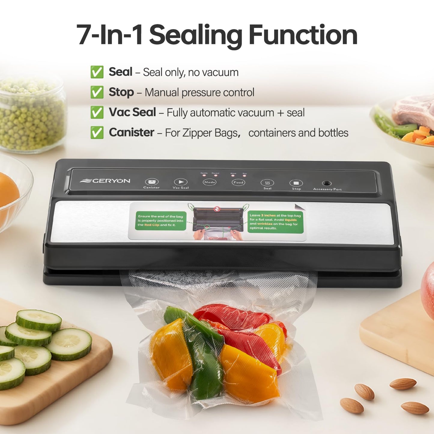 GERYON Vacuum Sealer Machine for Dry & Moist Food, Works with Reusable Vacuum Bags, Compact Design with LED Touch Controls, Includes Reusable Bags & Roll for Sous Vide & Freezer Storage