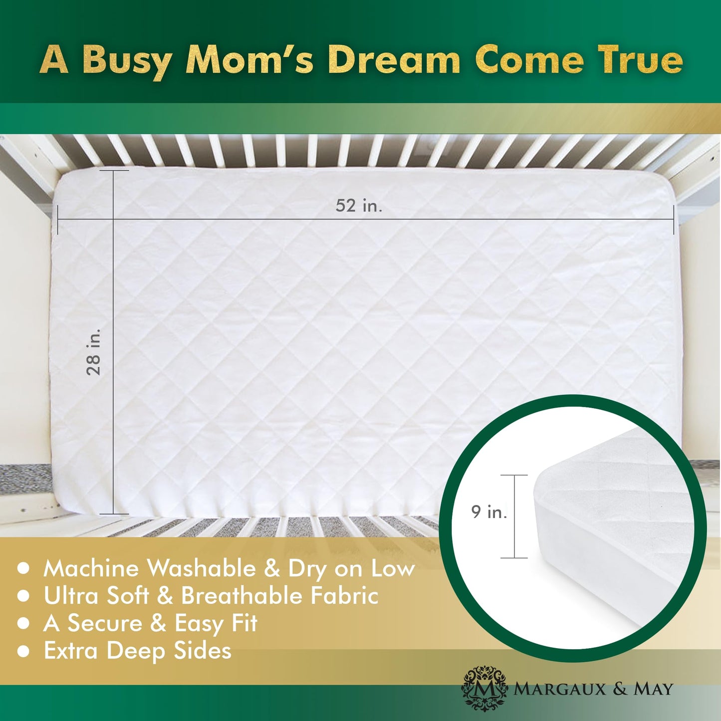 Margaux & May Crib Mattress Protector Pad 2 Pack - Ultra-Soft Waterproof Breathable Premium Bamboo Rayon - Noiseless Fitted Dryer Safe Cover for Crib. High Absorbency Oeko-TEX Certified