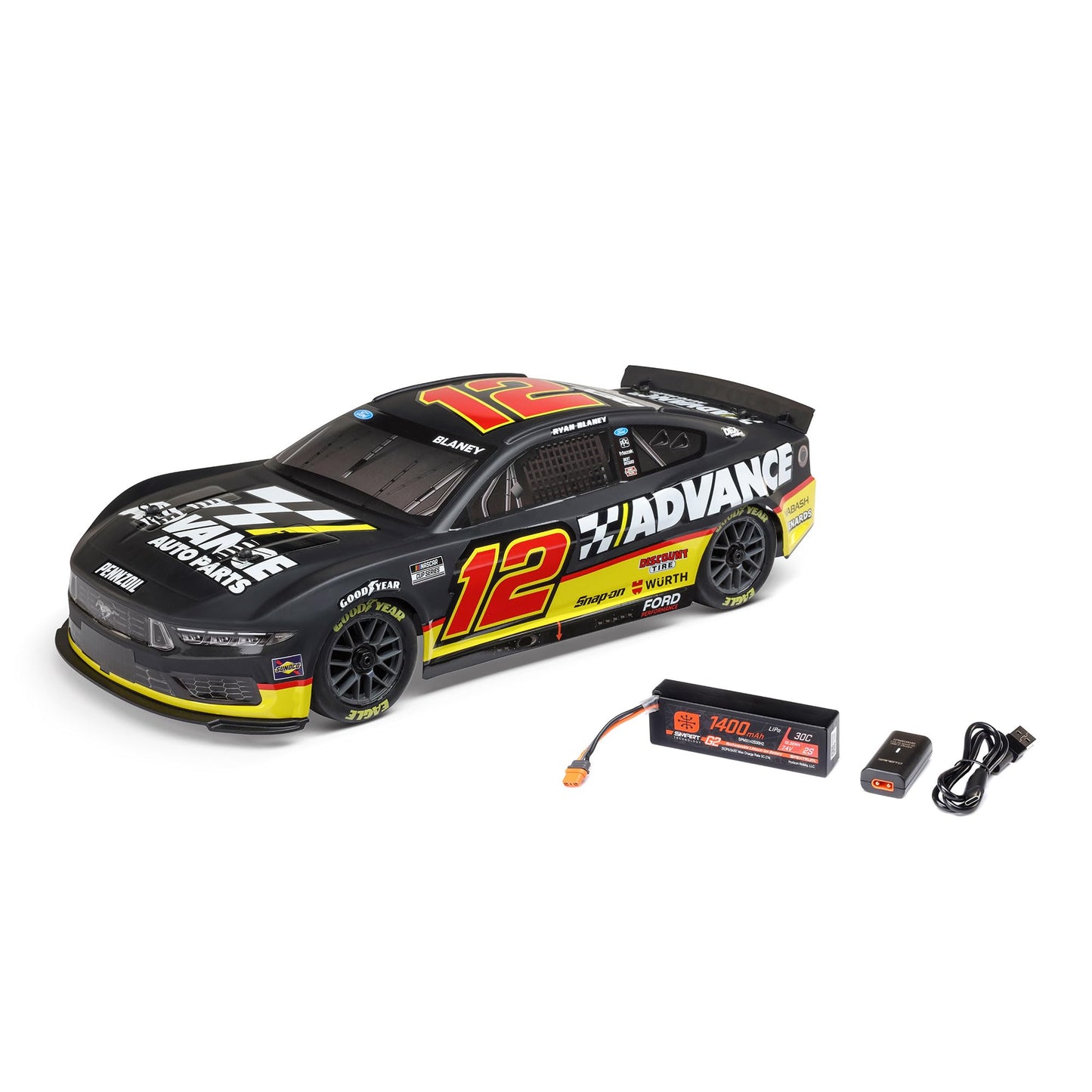 Losi 1/12 NASCAR RC Race Car Ryan Blaney No. 12 2025 Advance Auto Ford Mustang 2S AWD RTR Brushed On-Road Battery & Charger Included Black LOS1122512