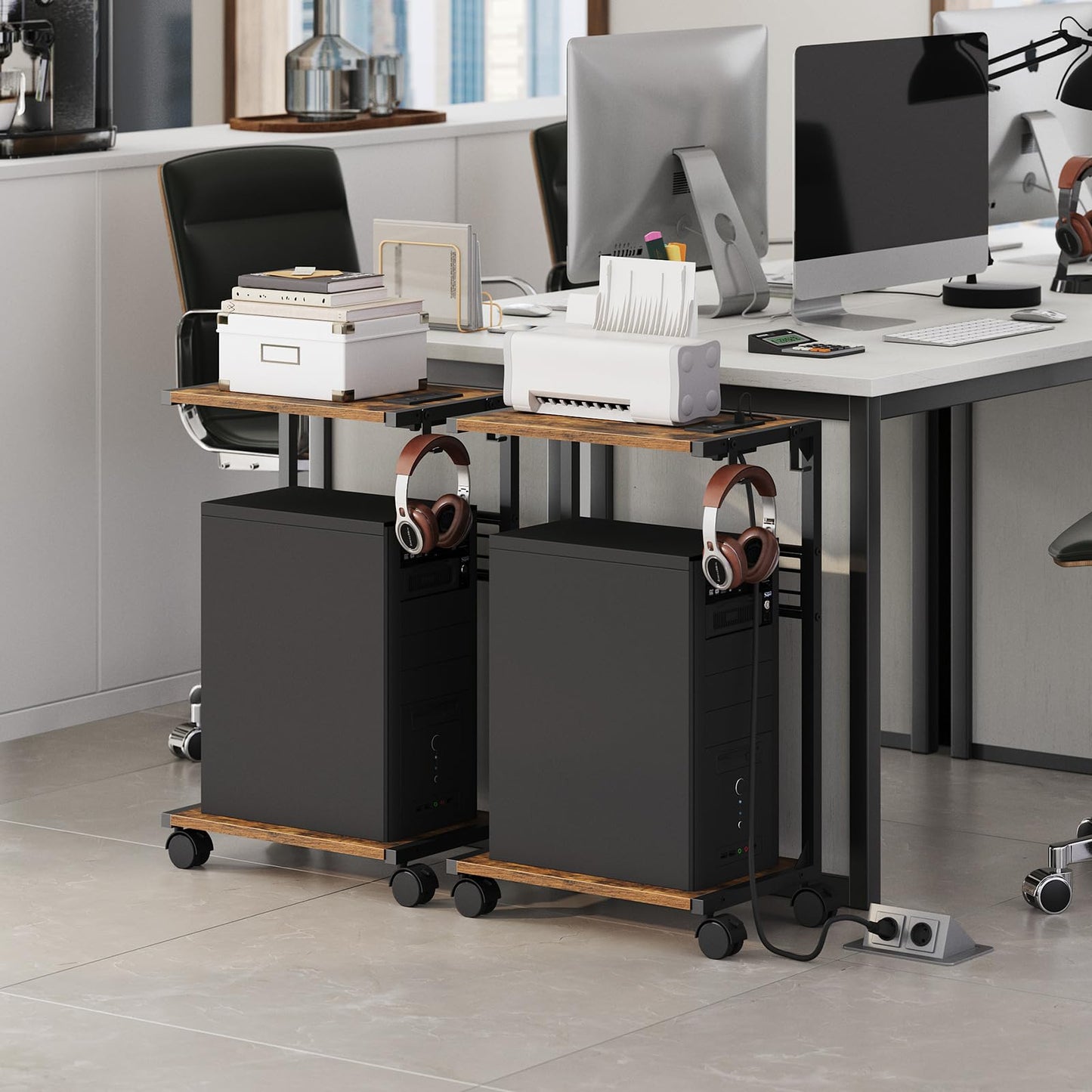 ZIIWIND PC Stand, Computer Tower Stand with Charging Station, 16.9"W x 11.4"D x 27.6"H, Computer Cart with Wheels and Hooks, CPU Holder for Carpet, Floor and Under Desk, Easy Assembly, Rustic Brown