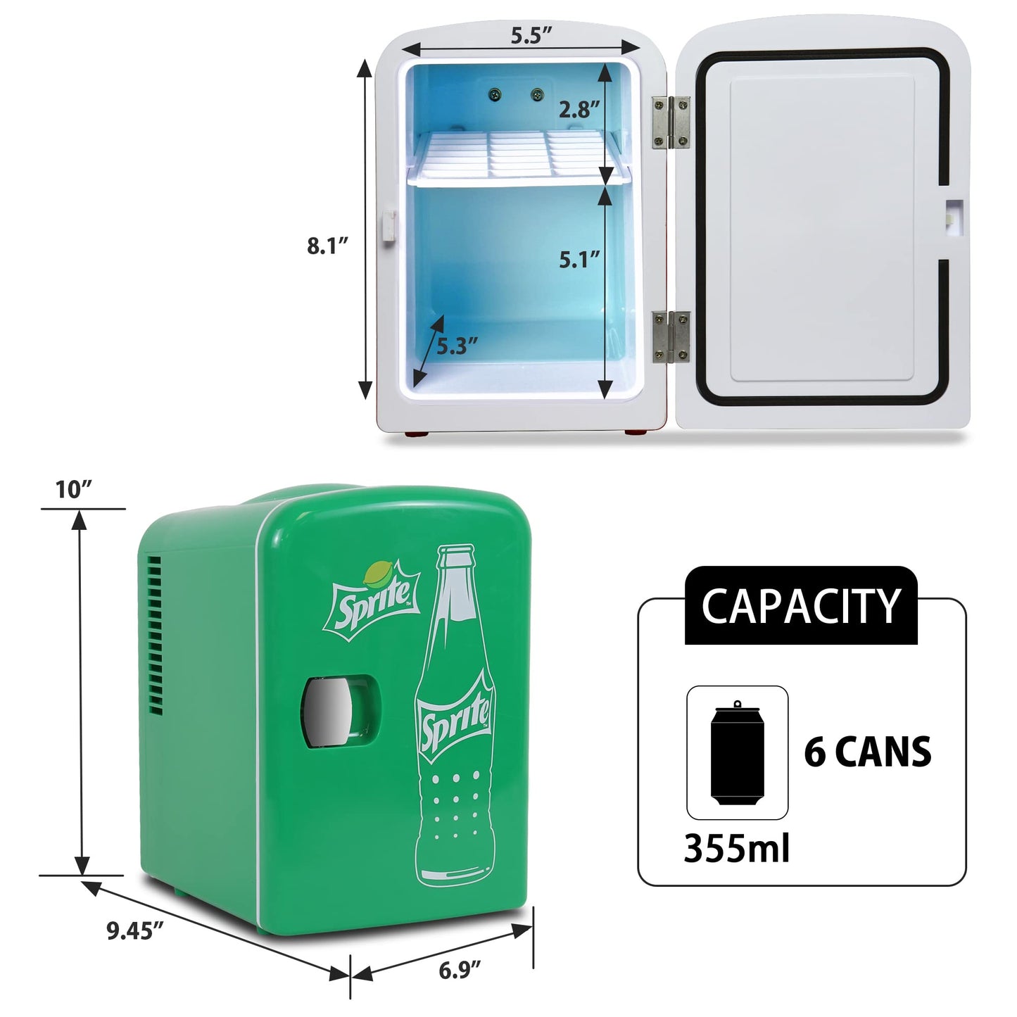 Coca-Cola Sprite 4L Cooler/Warmer w/ 12V DC and 110V AC Cords, 6 Can Portable Mini Fridge, Personal Travel Refrigerator for Snacks Lunch Drinks Cosmetics, Desk Home Office Dorm, Green