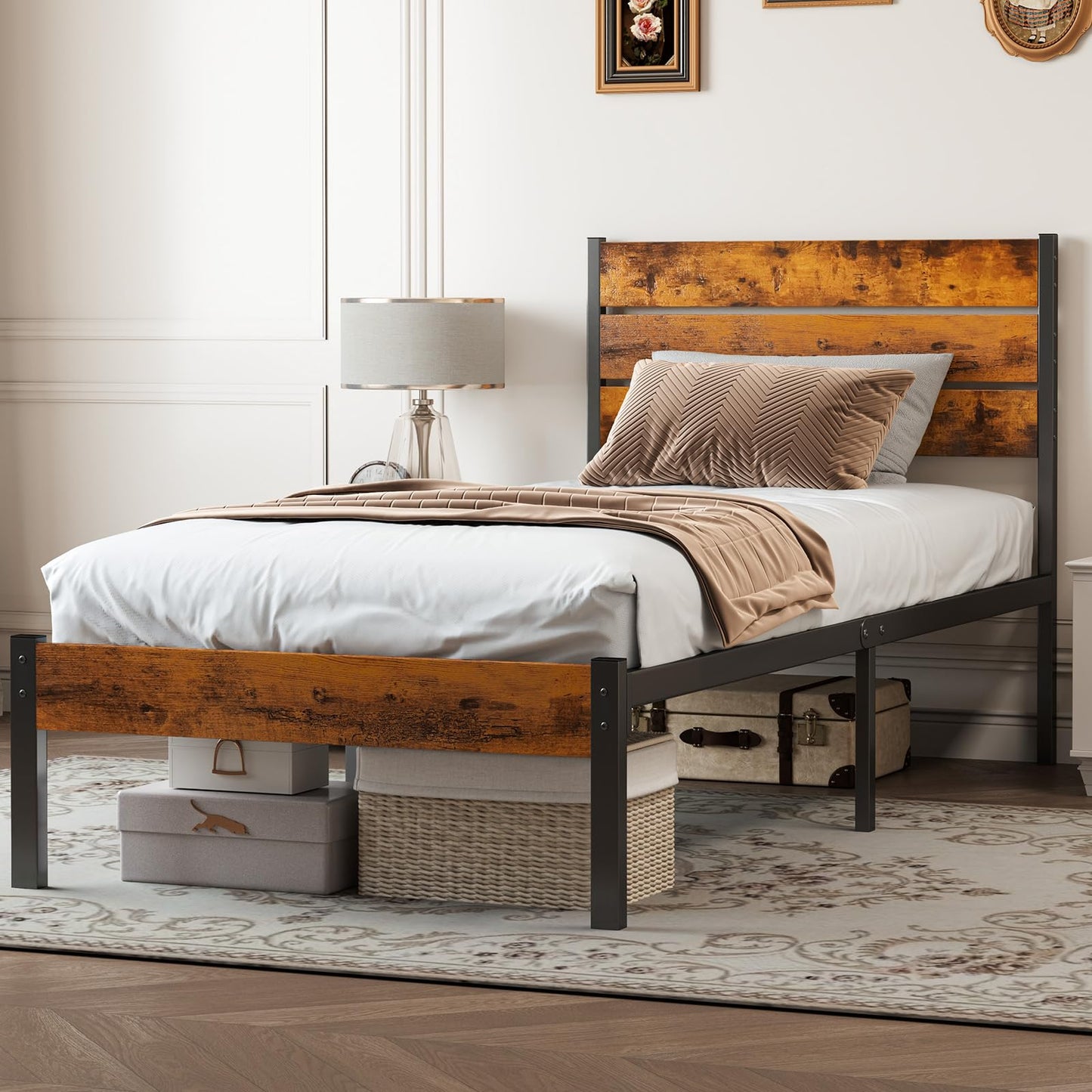 Sweetcrispy Twin Size Metal Platform Bed Frame - Mattress Foundation with Headboard and and Footboard, No Box Spring Needed with 700LBS Sturdy Wooden Slats Support, Noise Free, Easy Assembly