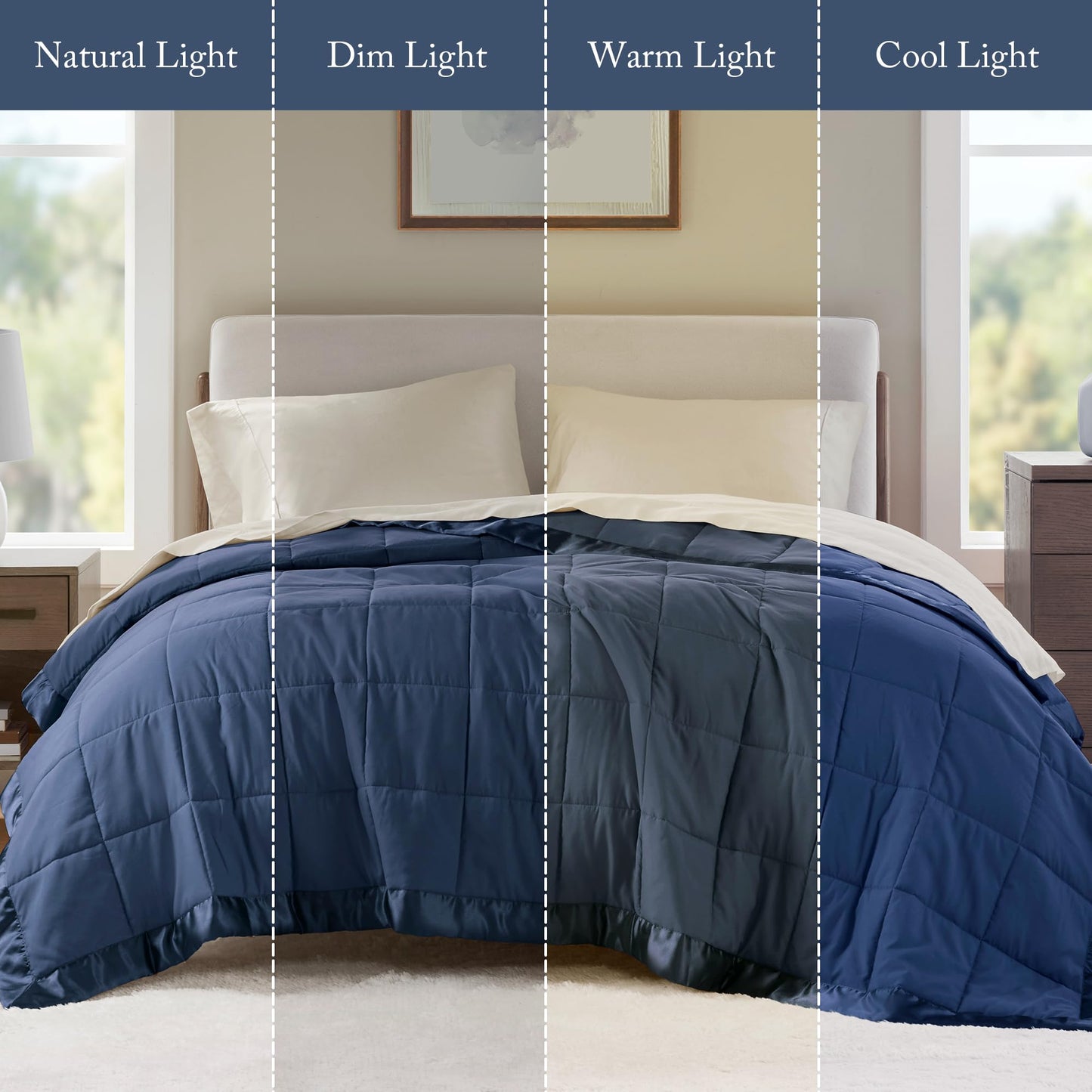 Madison Park Windom Down Alternative Blanket, Premium 3M Scotchgard Moisture Wicking Treatment, Lightweight and Soft Bed Cover For All Season, Satin Trim, Navy Full/Queen