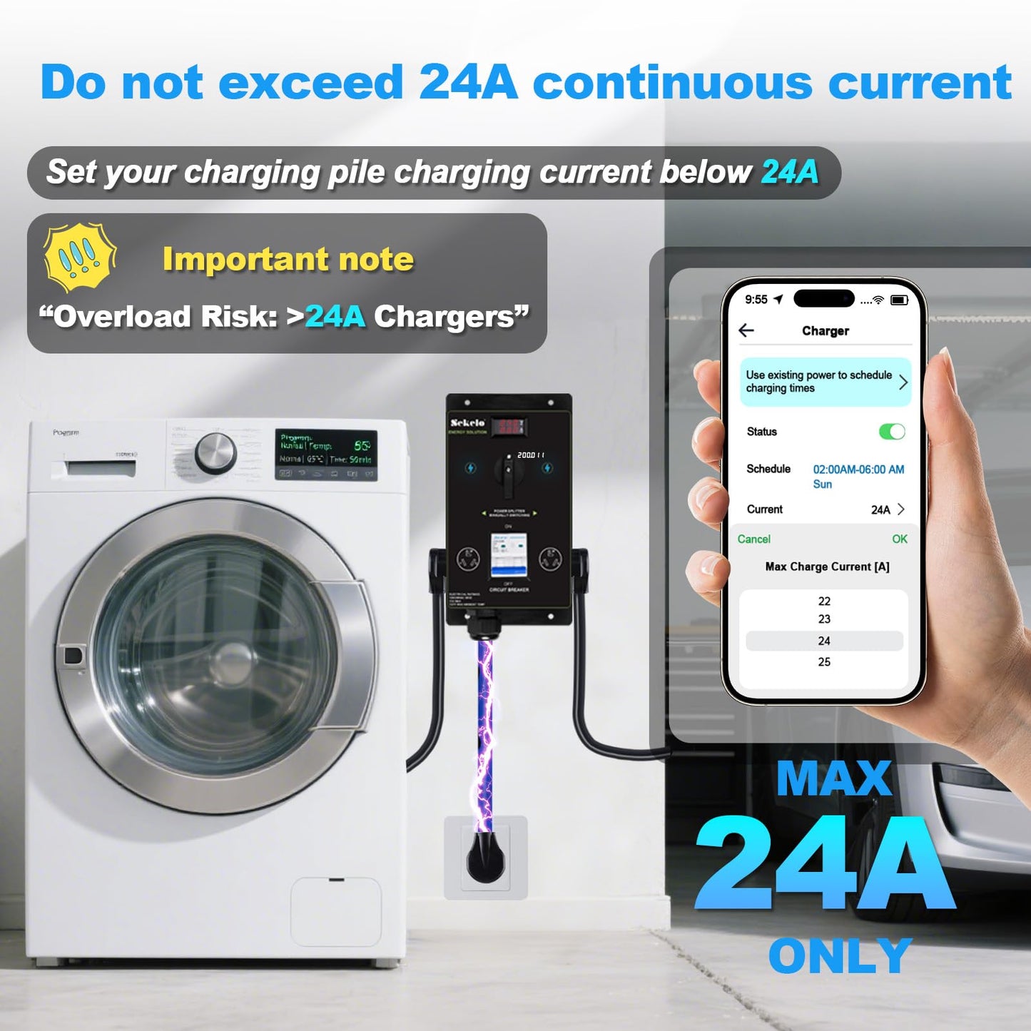 Manual EV Charging Switch for Dryer & EV, NEMA 10-30, 240V, 24A 5.76kW Max Power Splitter, with a Safety Breaker Switch, Hand-Operated Selector, Plug and Play