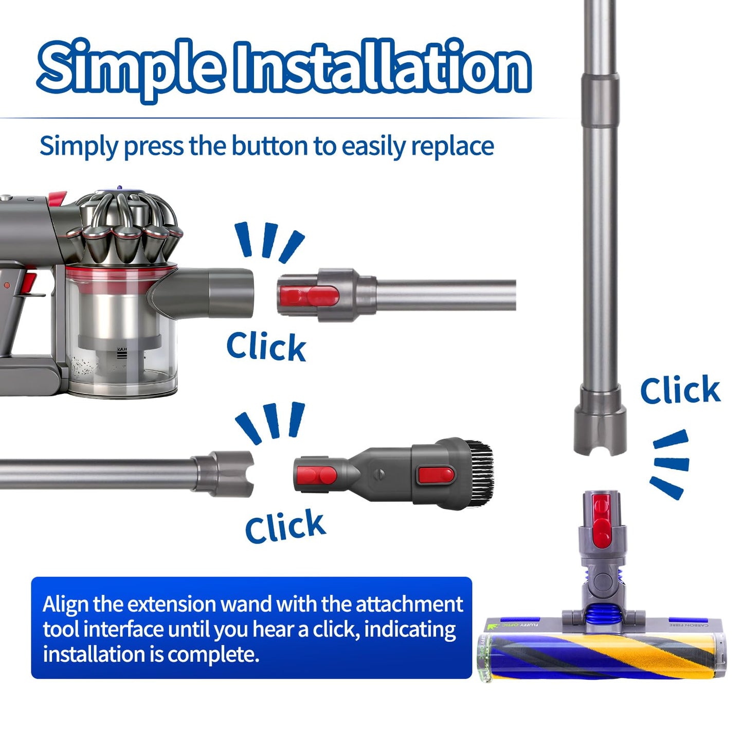 Extension Telescopic Wand Compatible with Dyson V7 V8 V10 V15 Vacuum Cleaner,Replacement Quick Release Rod Stick Adjustable Length Range 17.7 to 27.2 Inch (Grey)