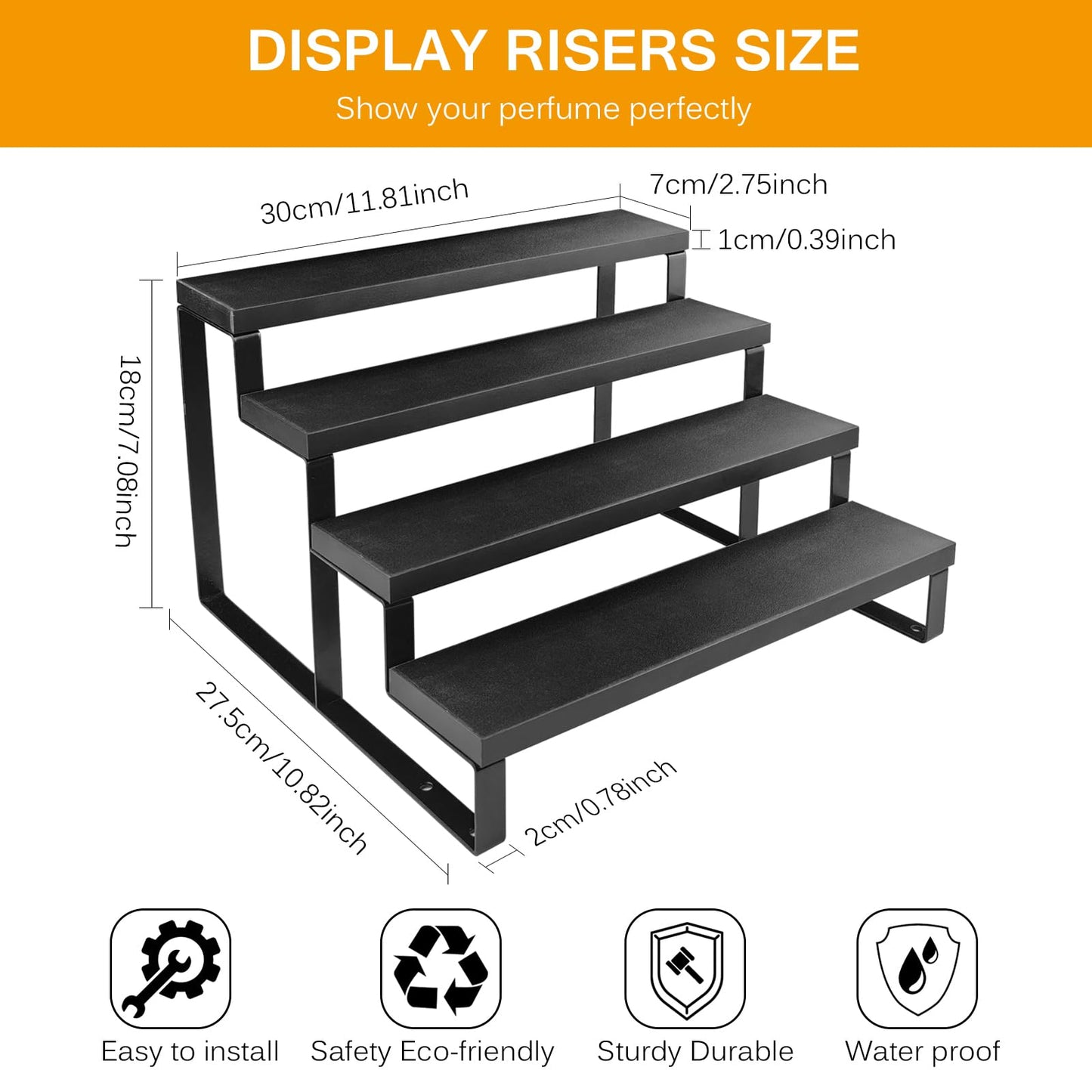 HomePekite Wooden Display Riser Stand, Tiered Perfume and Cologne Organizer Stand, 4 Tier Spice Rack Organizer, Rustic Display Shelf for Candles (4 Tier 2 Pcs), Black