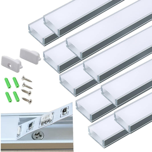 10-Pack Pre-Drilled Countersunk Hole 3.3FT LED Strip U Channel Diffuser, Hacksaw Easy Cut Tight and Flush Mounted Under Cabinet Tape Light Aluminum Low Profile with Screw and End caps (10)