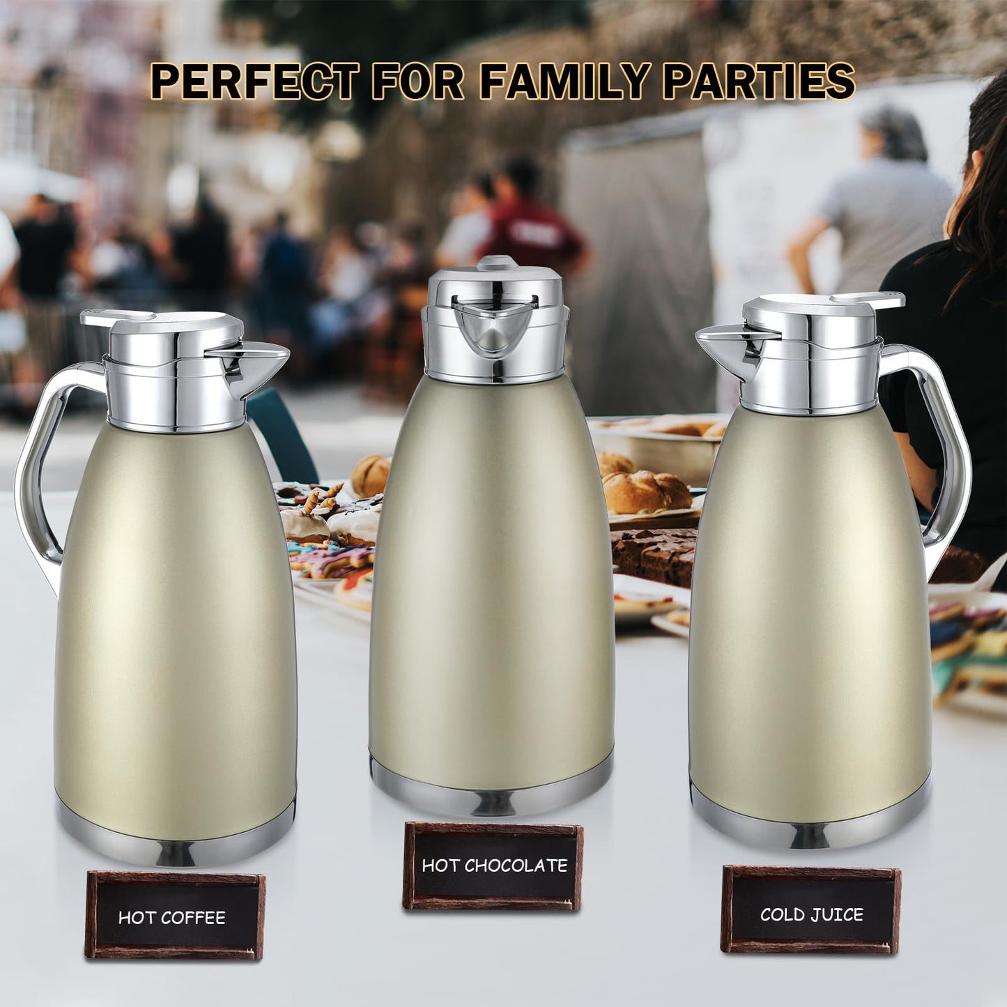 Tioncy 2 Pcs Thermal Coffee 78oz Insulated Carafe Hot Water Dispenser Stainless Steel Carafe for Liquid Coffee Tea Milk with 2 Brushes Keep 12 Hours Hot 24 Hours Cold(Gold)