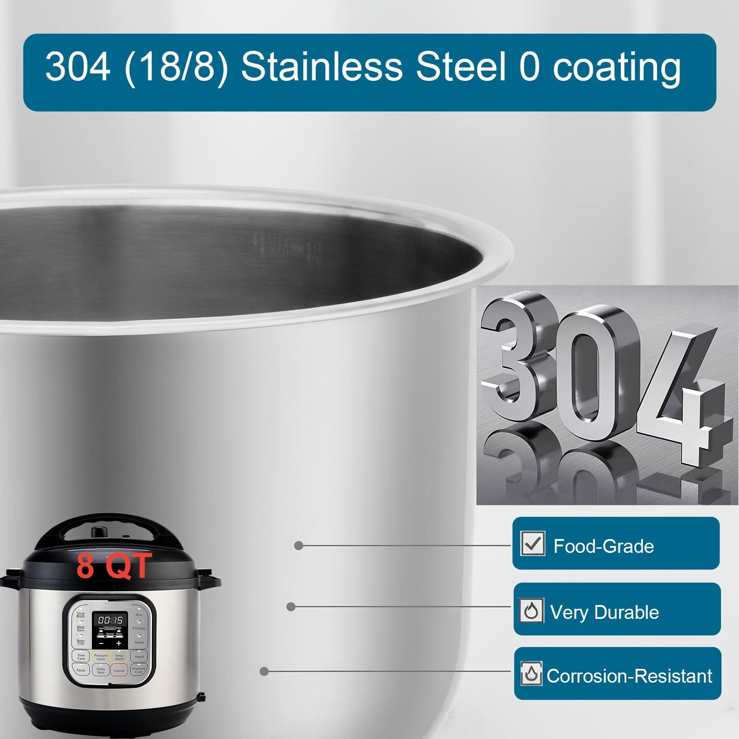 Replacement Pot for Instant Pot 8-Qt, 304 (18/8) Stainless Steel Inner Pot for Instant Pot 8-Quart, Upgrade Insert for Instantpot, Liner for Insta Pot 8 Qt with Thick Bottom, Non-Toxic (No Teflon)