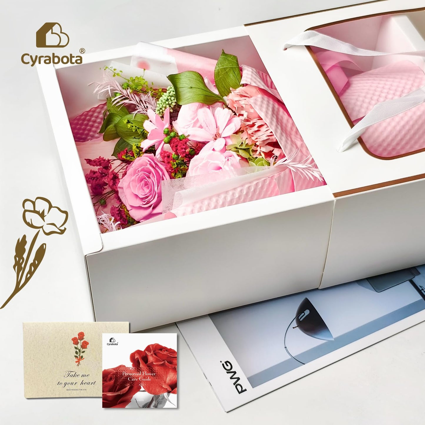 Cyrabota Preserved Roses Bouquet with Vase - Pink Real Eternal Roses that Last 1-3 Years - Forever Flowers Valentines Day Gifts for Her, Home Decor Centerpiece