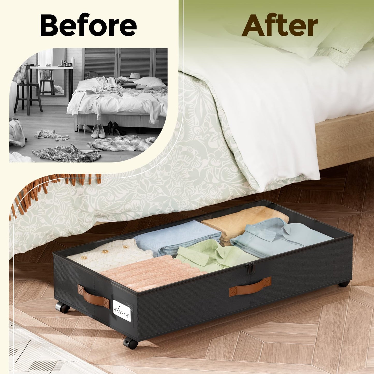 LAMU Under Bed Storage with Wheels, 2 Pack Under Bed Storage Containers with Clear Lids & Label, Rolling Under Bed Drawers for Clothes, Shoes, Blankets, Black