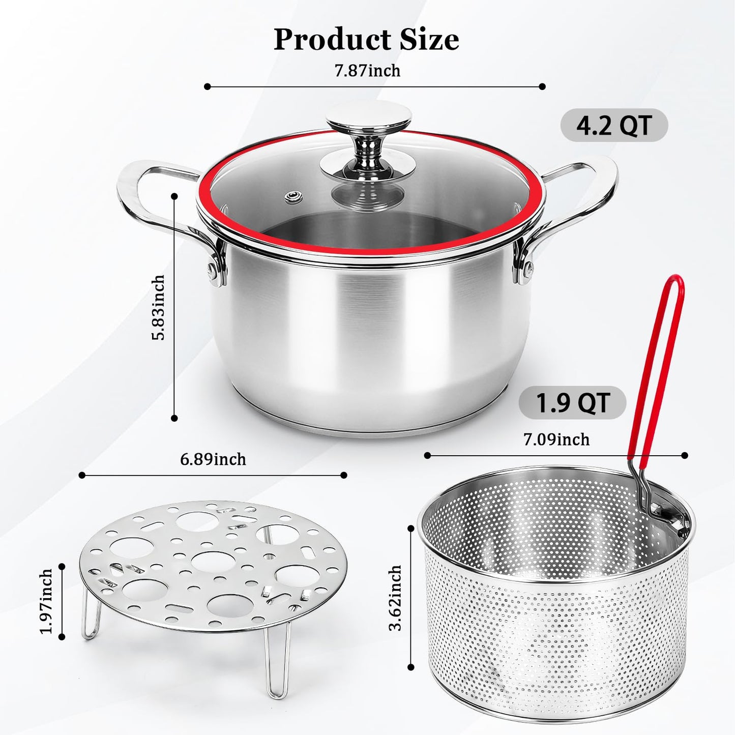 Deep Fryer Pot with Basket, Cooking Pot with Strainer Basket, 4.0L/4.2QT Multi-function Pot with Anti-scald Handle, Egg Steamer Rack & Lid, Stainless Steel Cookware for Home Kitchen Outdoor Camping
