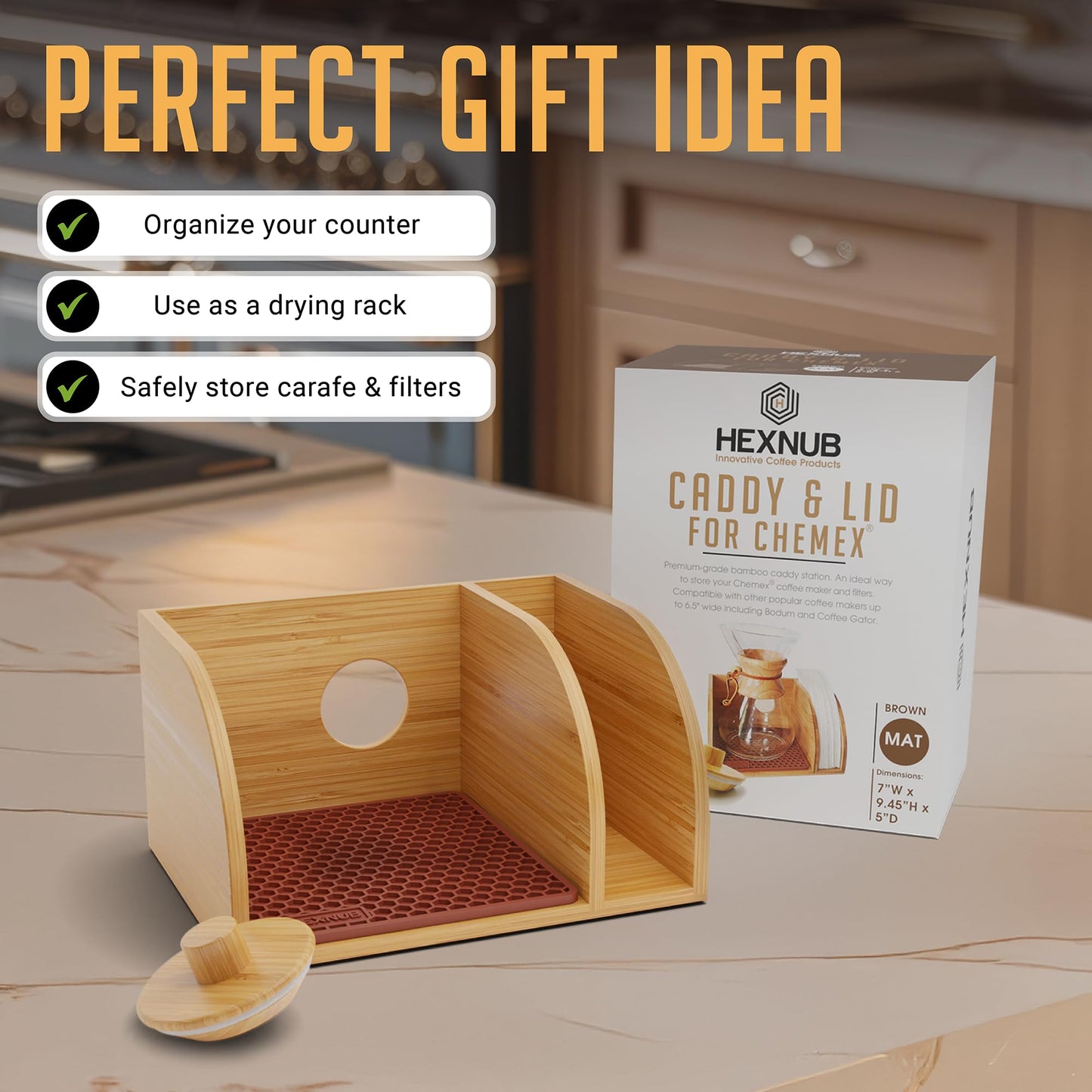 HEXNUB Caddy and Lid for Pour Over Coffee Maker, Bamboo Stand fits Chemex, Bodum, Cosori Coffee Carafes, Heatproof Mat, Filter Holder (Brown Silicone Mat + Lid)