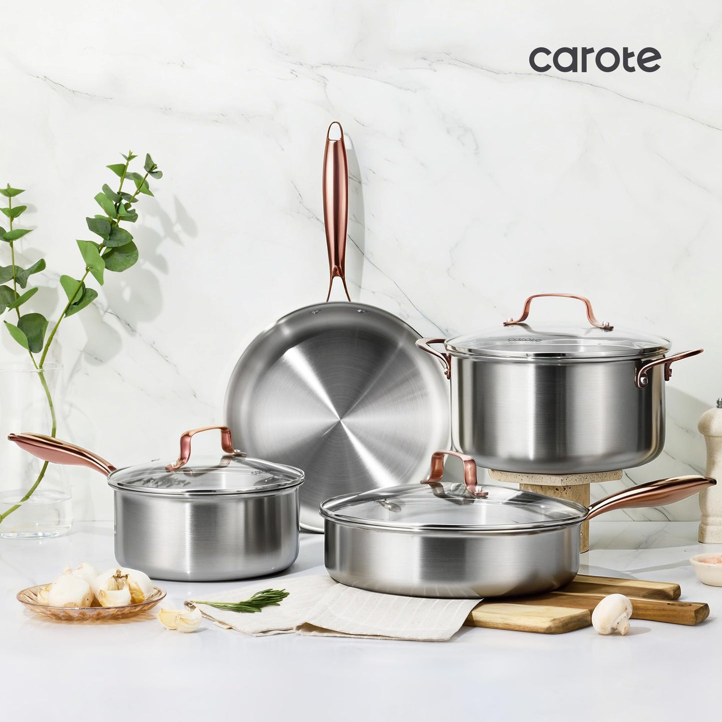 CAROTE 3-Piece Tri-Ply Stainless Steel Frying Pan Set, Skillet Set 8"/10"/12", Induction Compatible, Oven & Dishwasher Safe, Gold Handle, Mothers Day Gifts