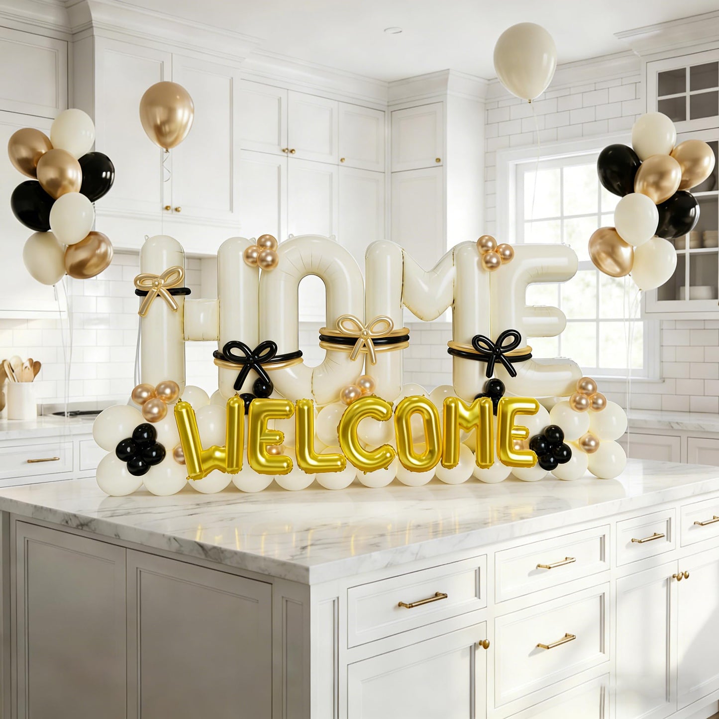 145Pcs Housewarming Party Decorations, 40Inch Beige Welcome Home Balloon Banner, Cream Ivory Black Gold Balloons for New Home Closing Sweet House Warming Homecoming Party Real Estate