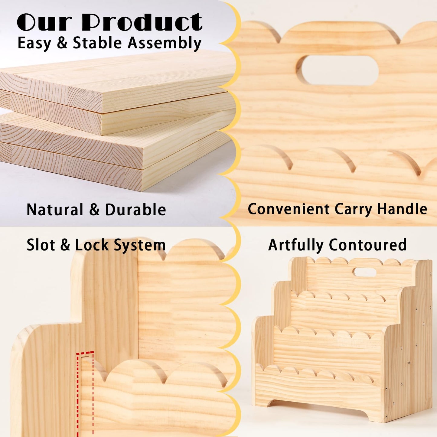 Kids Bookshelf Storage 3-Tier, Book Case for Kids Rooms, Scalloped Wooden Montessori Bookcase for Toddlers & Baby, Small Nursery & Classroom Book Shelves, Solid Wood Organizer