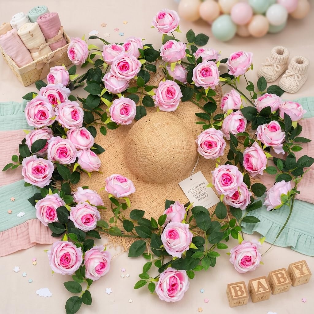 zhixinyue 2Pcs 12Ft Bendable Artificial Flower Garland Faux Rose Vine Hanging Floral Garland for Wall Decor Trellis Fence Home Room Garden Wedding Decoration(Pink, 2pcs)