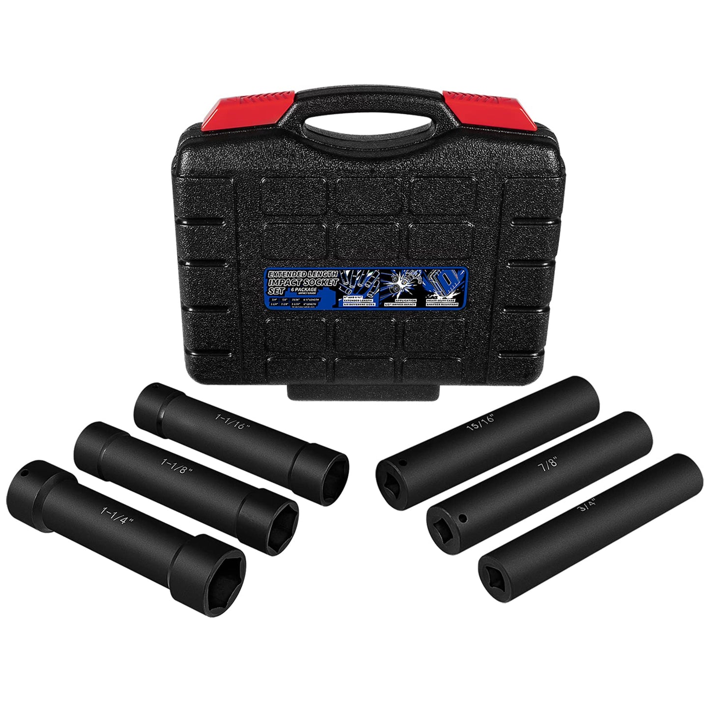 1/2 Inch Drive Extended Length Impact Socket Set 6 Sizes - Hex Sizes 3/4", 7/8", 15/16", 1-1/16”, 1-1/8", 1-1/4"Extra-Deep Length Extra-Deep Impact Set Heavy Duty with Case