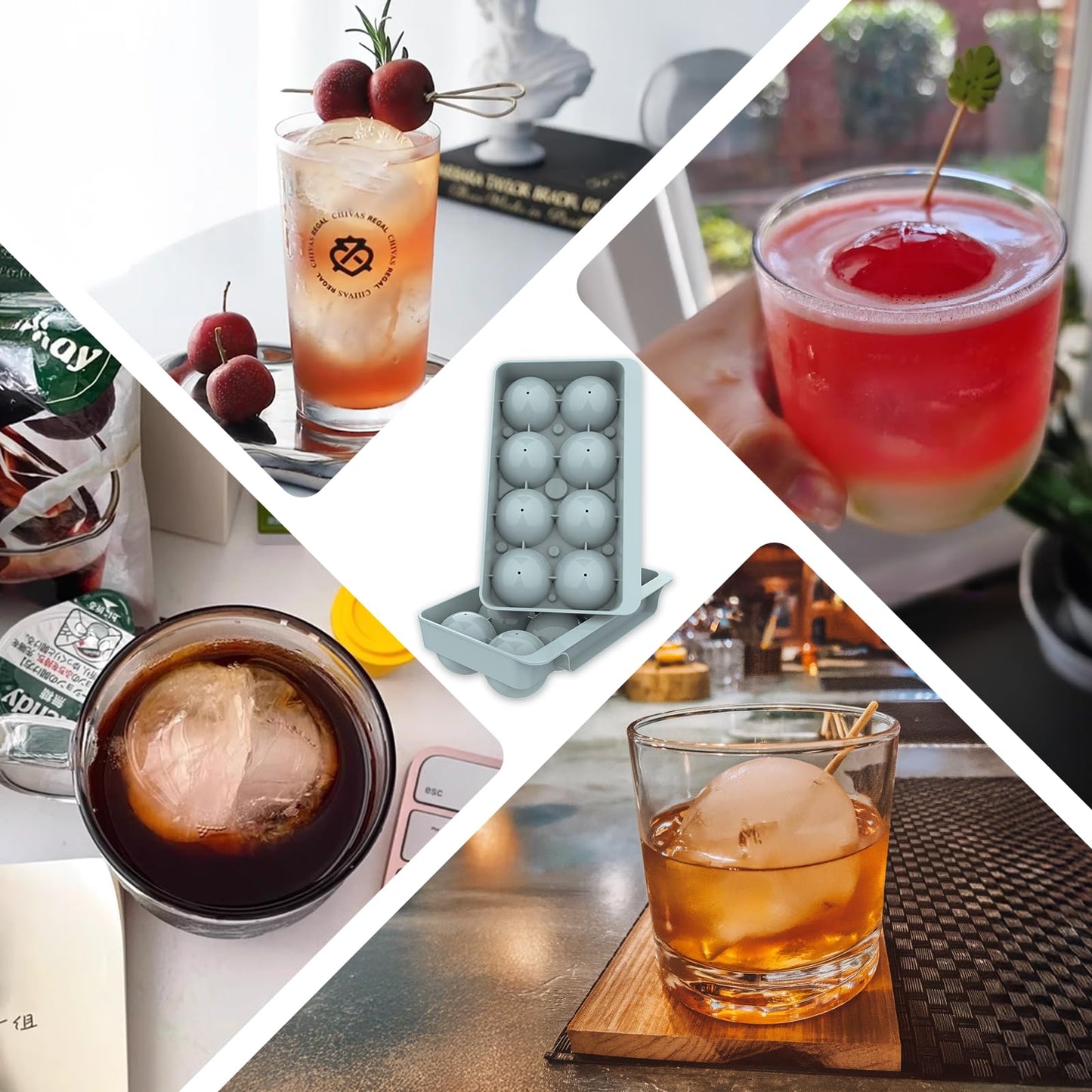Large Ice Ball Maker Mold, 2.5" Round Ice Cube Mold for Whiskey Bourbon Cocktail, 8 Balls, Sphere Ice Mold, Big Ice Cube Tray with Container and Tongs, Easy to Fill & Release