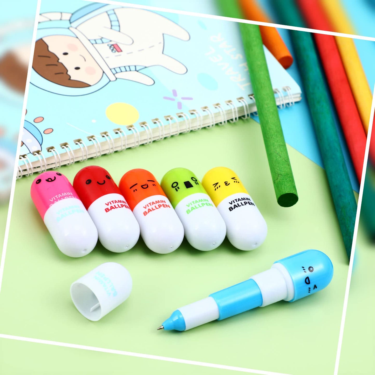 Lincia 200 Pcs Pen Pills Bulk Pharmacy Gifts Ballpoint Pen Cute Cartoon Emotion Ball Novelty Face Retractable for Nurse Week School Doctor, 6 Colors