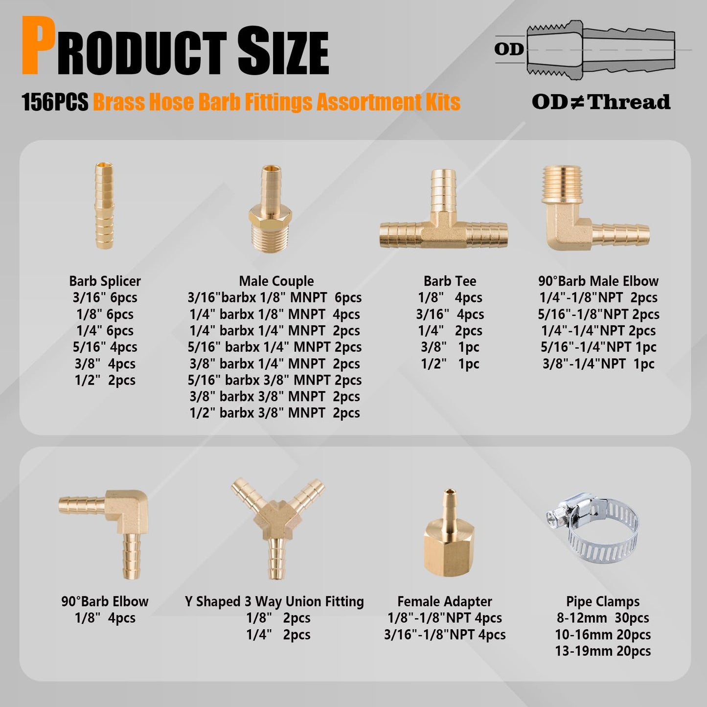 156Pcs Hose Barb Fuel Line Fittings Assortment Kit Barb Splice/Coupler/Female Adapter/Tee/Y Shaped Union/90°Male Elbow Thread 1/8" 3/16" 1/4" 5/16" 3/8" 1/2" Air Hose Fitting with Pipe Clamps for Fuel