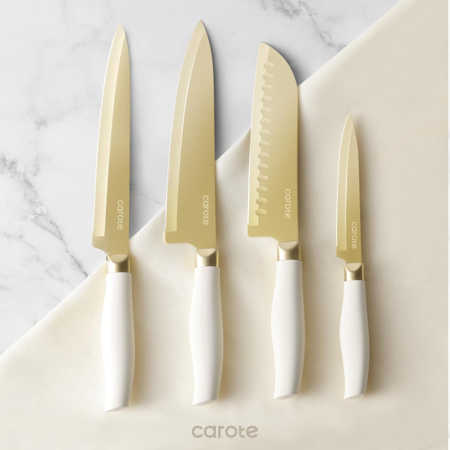 CAROTE 12PCS Kitchen Knife Set, Healthy Gold Titanium Coating Knife Set, Dishwasher Safe with 6 Blade Guards, Rustproof Stainless Steel Cutlery Set, White and Gold