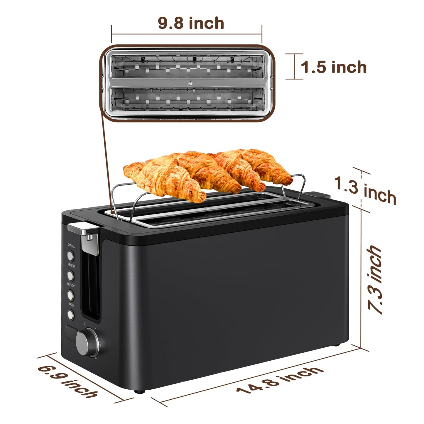 Mecity 4 Slice Toaster, Long Slot Toaster with Timer, Bagel, Defrost, Reheat, Cancel Functions, Warming Rack, Removable Tray, 6 Browning Settings, Extra Wide Slots, Stainless Steel, 1300W