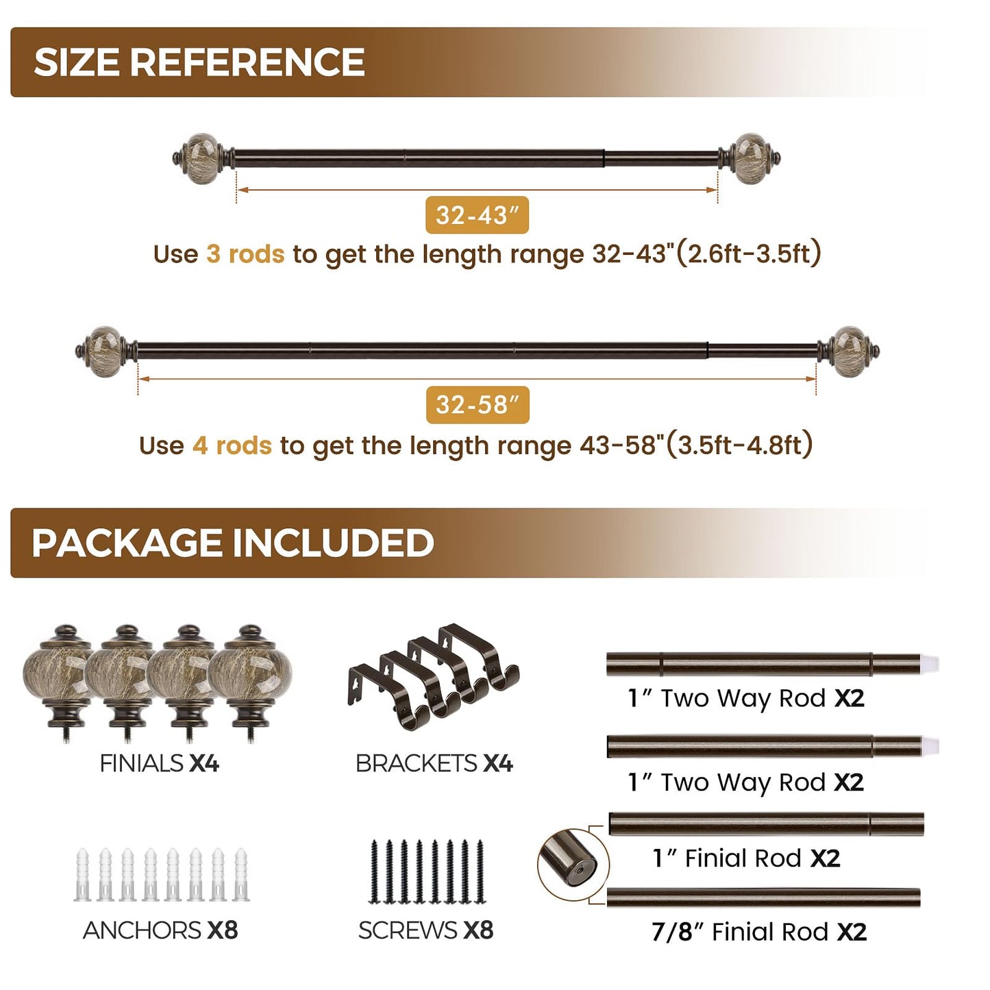 KAMANINA 2 Pack Curtain Rods 32 to 58 Inches (2.6-4.8ft), 1 Inch Single Curtain Rod for Windows, Decorative Drapery Rod with Marble End, Antique Bronze